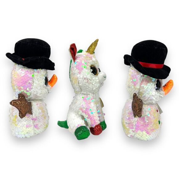 3pc Ty Flippables Christmas Holiday Snowman Unicorn Plush Toy Melty Stardust 7" - Picture 3 of 16